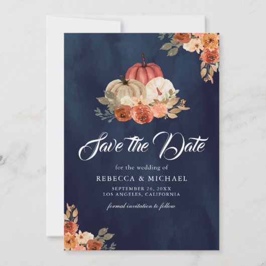 Herfst in Liefde Terracotta Pompoen Navy Blue Wedd Save The Date (Voorkant)