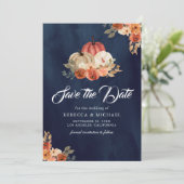Herfst in Liefde Terracotta Pompoen Navy Blue Wedd Save The Date (Staand voorkant)