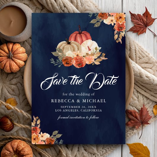 Herfst in Liefde Terracotta Pompoen Navy Blue Wedd Save The Date