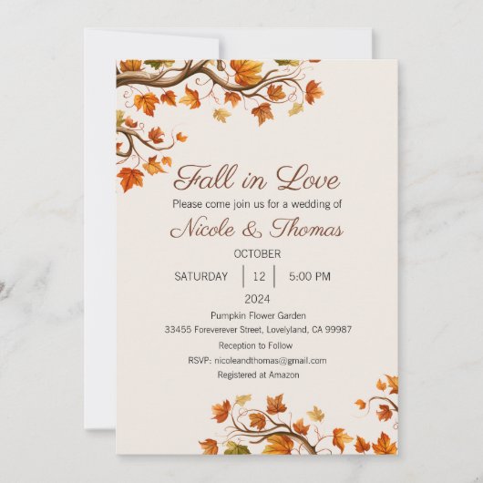 Herfst in Liefde Uitnodiging, Vallen in Liefde Tro Kaart (Voorkant)