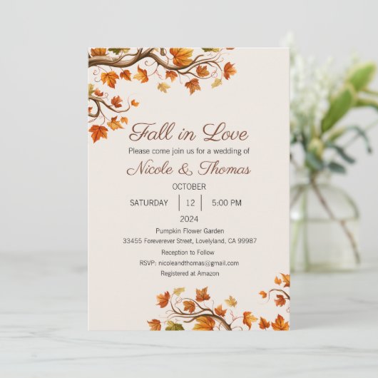 Herfst in Liefde Uitnodiging, Vallen in Liefde Tro Kaart (Staand voorkant)