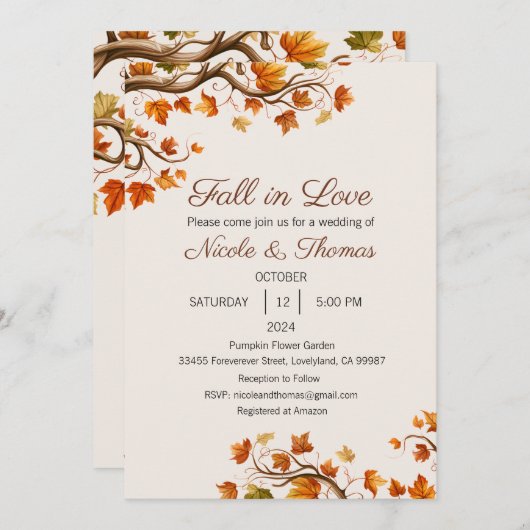 Herfst in Liefde Uitnodiging, Vallen in Liefde Tro Kaart (Voorkant / Achterkant)