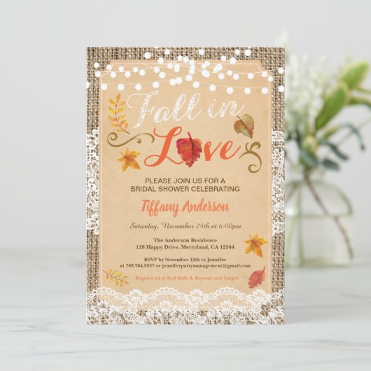 Herfst in liefde vrijgezellenfeest rustieke burlap kaart (Staand voorkant)