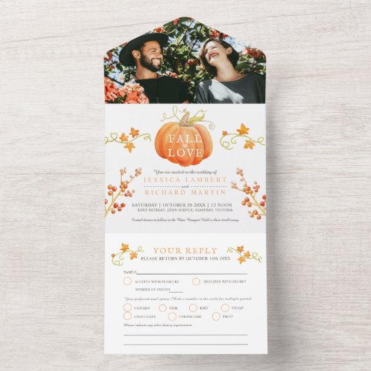 Herfst in liefde waterverf pompoen herfst bruiloft all in one uitnodiging (Binnen)