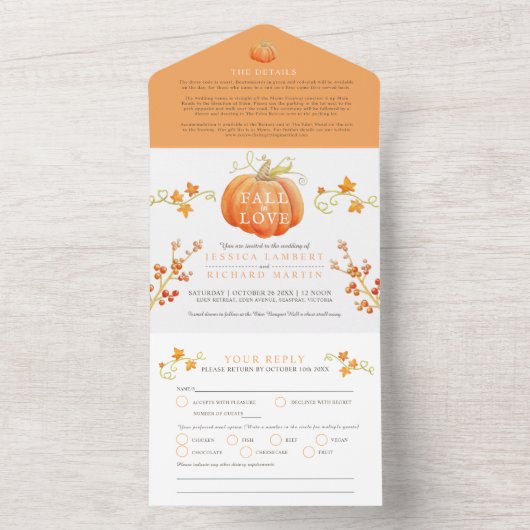 Herfst in liefde waterverf pompoen herfst bruiloft all in one uitnodiging (Binnen)