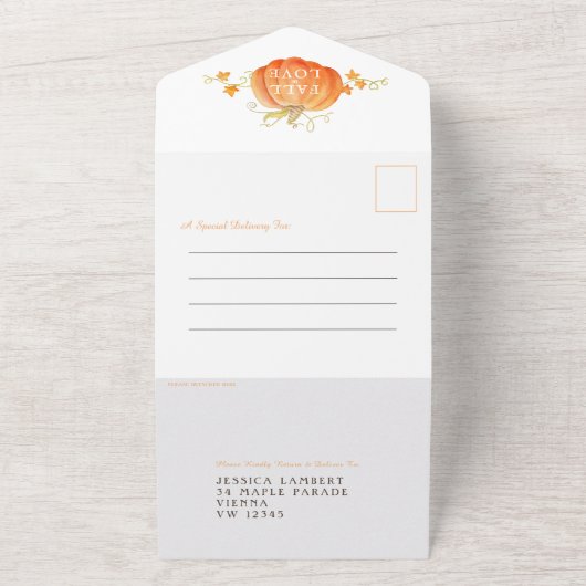 Herfst in liefde waterverf pompoen herfst bruiloft all in one uitnodiging (Buitenkant)