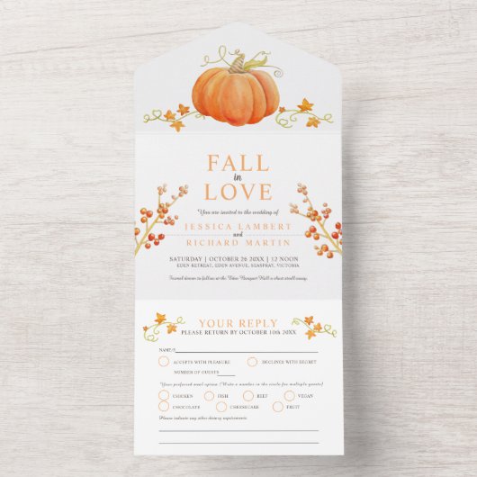 Herfst in liefde waterverf pompoen herfst bruiloft all in one uitnodiging (Binnen)