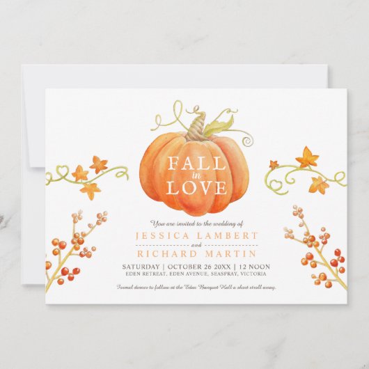 Herfst in liefde waterverf pompoen herfst bruiloft kaart (Voorkant)