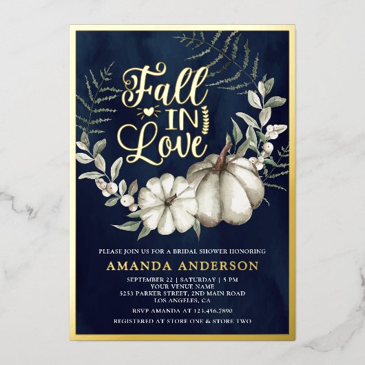 Herfst in Liefde Wit Pompoen Sage Navy Vrijgezelle Folie Uitnodiging (Voorkant)
