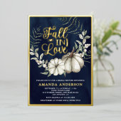 Herfst in Liefde Wit Pompoen Sage Navy Vrijgezelle Folie Uitnodiging (Staand Voorkant)