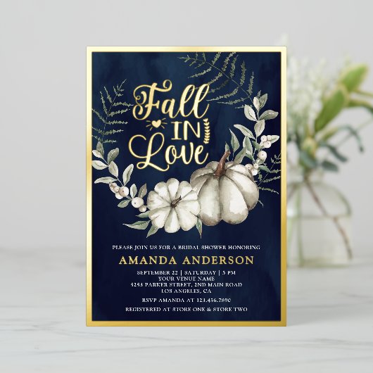Herfst in Liefde Wit Pompoen Sage Navy Vrijgezelle Folie Uitnodiging (Staand Voorkant)