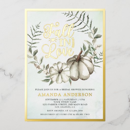 Herfst in Liefde Wit Pompoen Sage Vrijgezellenfees Folie Uitnodiging (Voorkant)