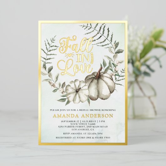 Herfst in Liefde Wit Pompoen Sage Vrijgezellenfees Folie Uitnodiging (Staand Voorkant)