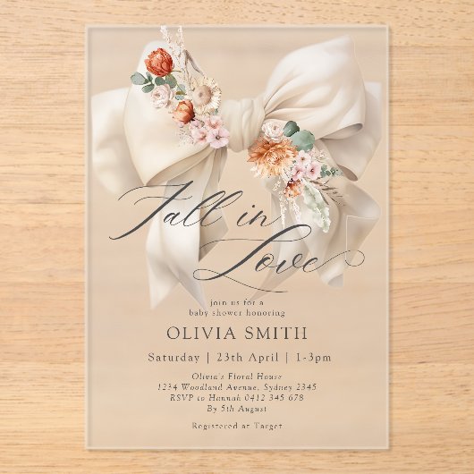 Herfst in Liefde Witte Boog Bloemen Baby shower Acryl Uitnodigingen (Voorkant)