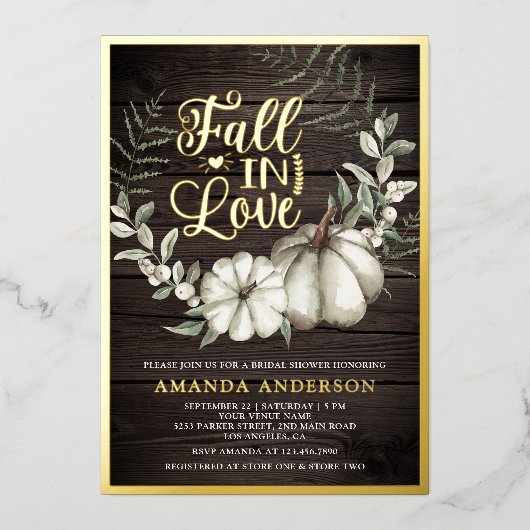 Herfst in Liefde Witte Pompoen Sage Wood Vrijgezel Folie Uitnodiging (Voorkant)