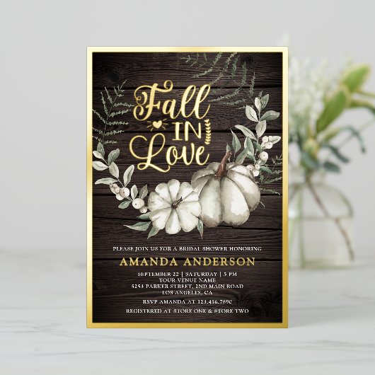 Herfst in Liefde Witte Pompoen Sage Wood Vrijgezel Folie Uitnodiging (Staand Voorkant)