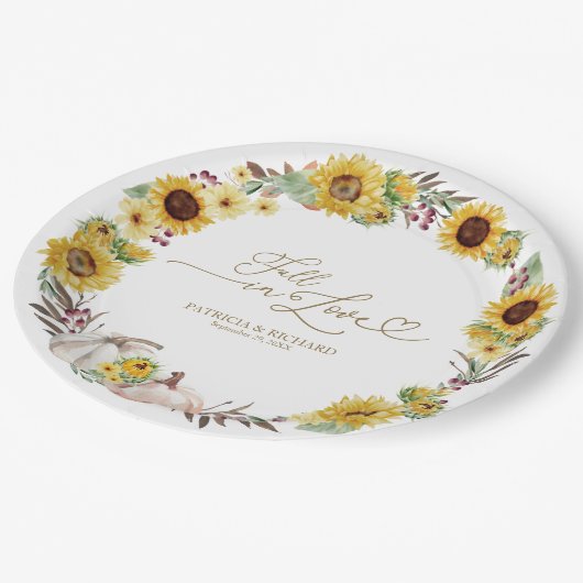 Herfst in Liefde Zonnebloem Pompoen bruiloft Papieren Bordje (Gekanteld)