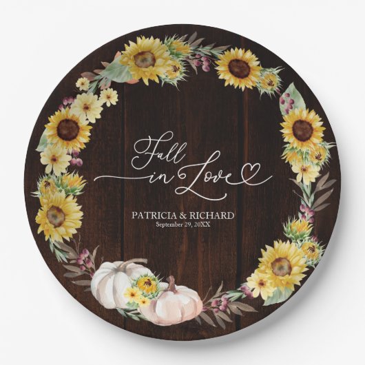 Herfst in Liefde Zonnebloem Pompoen bruiloft Papieren Bordje (Voorkant)