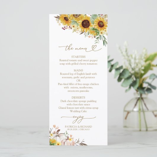 Herfst in Liefde Zonnebloem Pompoen Trouwmenu Kaar Menu (Staand voorkant)