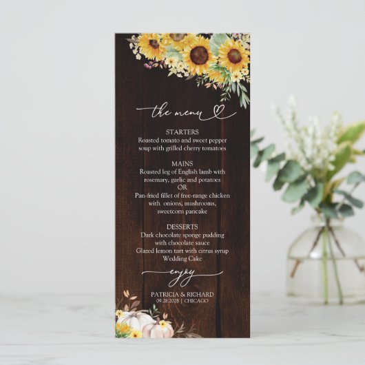 Herfst in Liefde Zonnebloem Pompoen Trouwmenu Kaar Menu (Staand voorkant)