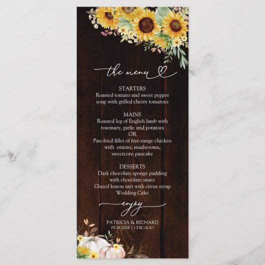 Herfst in Liefde Zonnebloem Pompoen Trouwmenu Kaar Menu (Voorkant)