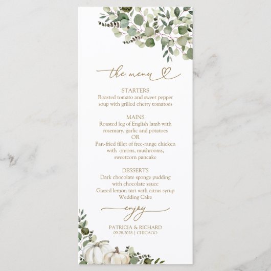 Herfst in Liefde Zonnebloem Pompoen Trouwmenu Kaar Menu (Voorkant)