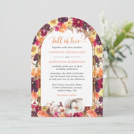 Herfst in liefdesherfst Floral Gold Arch Wedding Kaart (Staand voorkant)