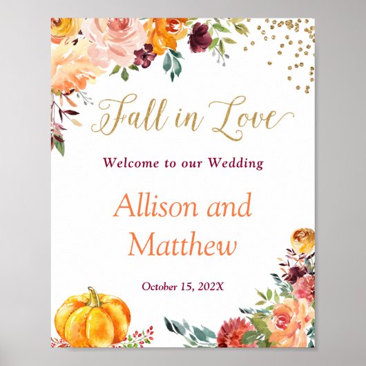 Herfst in liefdesherfst Floral Pumpkin Wedding Sig Poster (Voorkant)