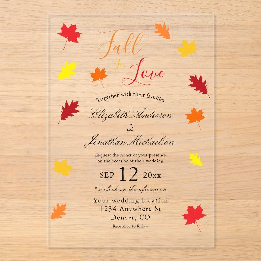 Herfst in liefdesherfst vertrekt bruiloft acryl uitnodigingen (Voorkant)