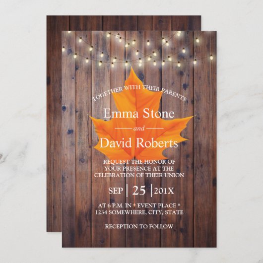 Herfst in Love Autumn Leaf String Lights Wedding Kaart (Voorkant / Achterkant)