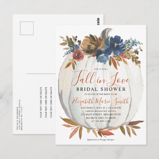 Herfst in Love Blue Floral Pumpkin Vrijgezellenfee Briefkaart (Voorkant / Achterkant)
