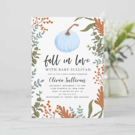 Herfst in Love Blue Pumpkin Baby shower Kaart (Staand voorkant)