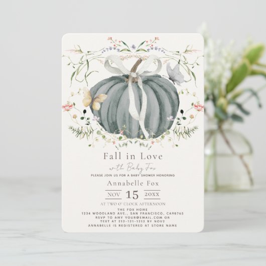 Herfst in Love Blue Pumpkin Wildflower Baby shower Kaart (Staand voorkant)