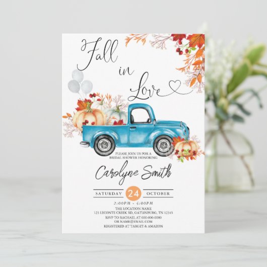 Herfst in Love Blue Truck Pumpkin Vrijgezellenfees Kaart (Staand voorkant)