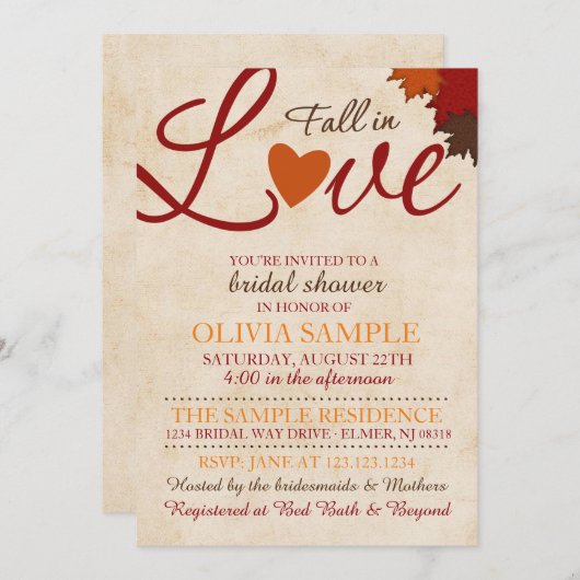 Herfst in Love Bridal Shower Uitnodiging (Voorkant / Achterkant)