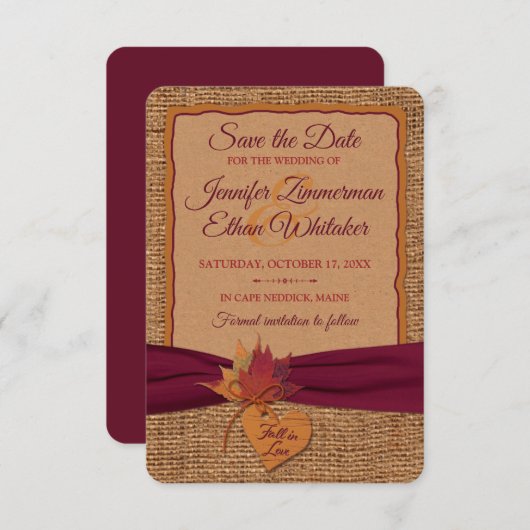 Herfst in Love Burlap, Leaves Save the Date (klein (Voorkant / Achterkant)