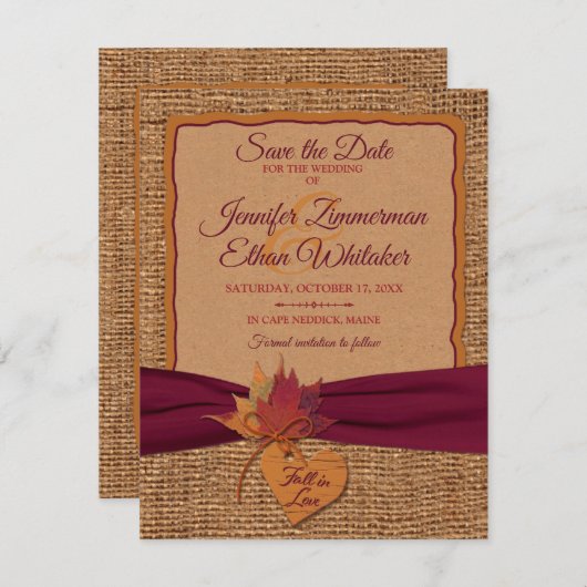 Herfst in Love Burlap, Leaves Wedding Save the Dat (Voorkant / Achterkant)