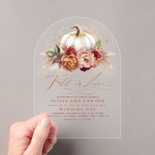Herfst in Love Elegant Wedding Rust Flowers Pumpki Acryl Uitnodigingen (Insitu (Draagbaar))