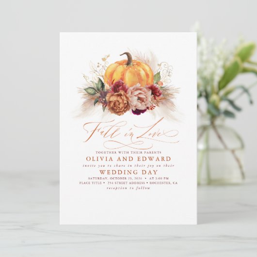 Herfst in Love Elegant Wedding Rust Flowers Pumpki Kaart (Staand voorkant)