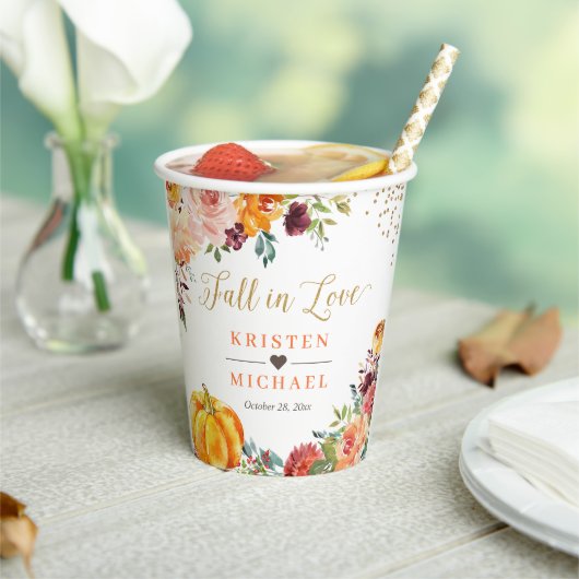 Herfst in Love Gold Autumn Floral Pumpkin Wedding Papieren Bekers (Insitu)