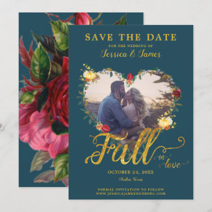 Herfst in Love Gold Burgundy Floral Save the Date Kaart