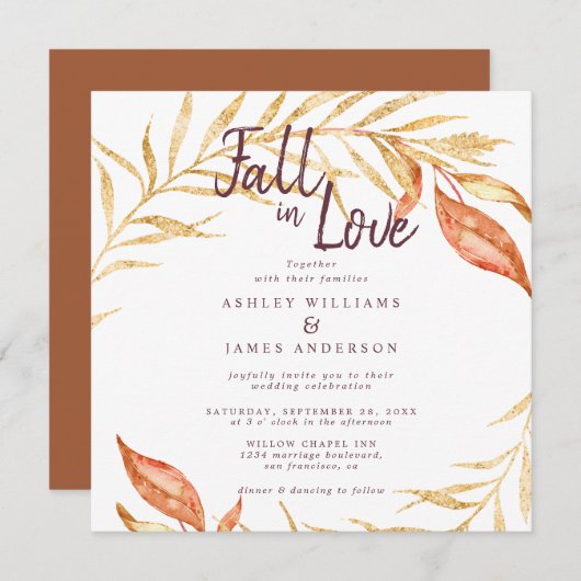 Herfst in Love Golden Foliage TerraCotta Wedding Kaart (Voorkant / Achterkant)
