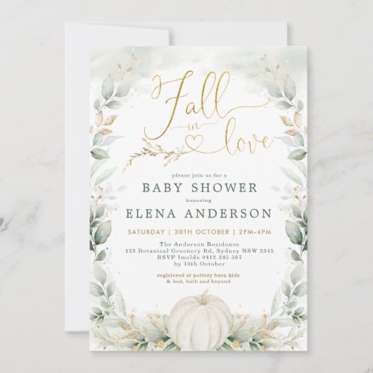 Herfst in Love Greenery Gold Pumpkin Baby shower Kaart (Voorkant)