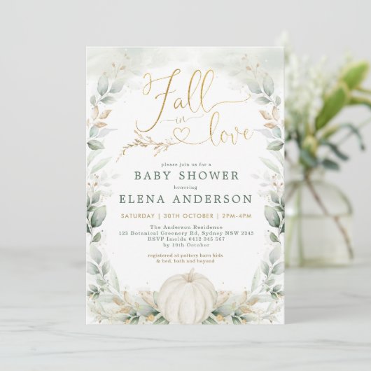 Herfst in Love Greenery Gold Pumpkin Baby shower Kaart (Staand voorkant)
