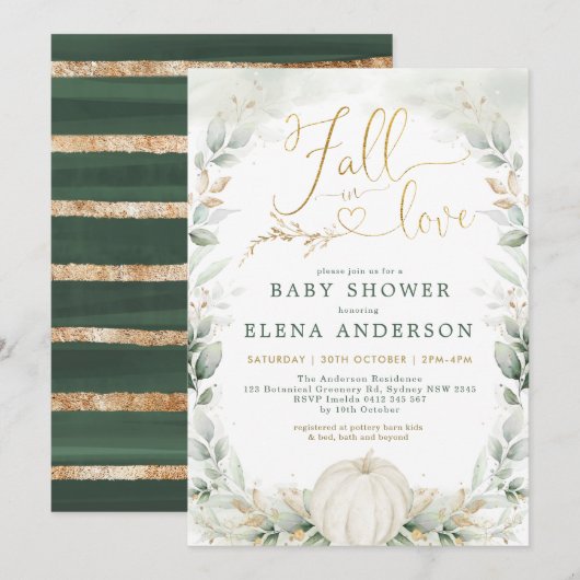 Herfst in Love Greenery Gold Pumpkin Baby shower Kaart (Voorkant / Achterkant)