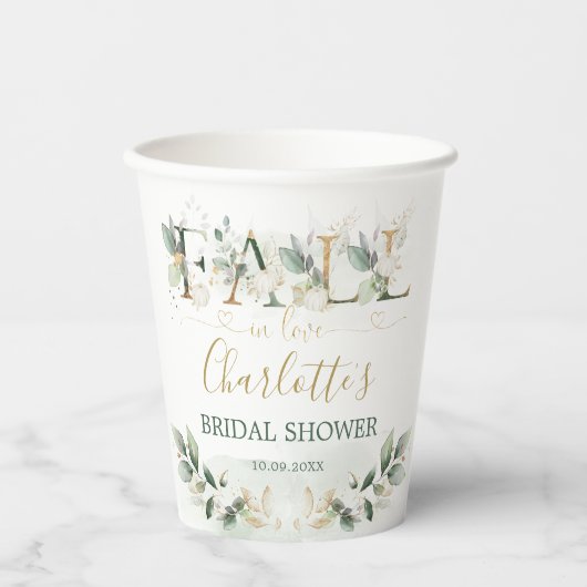 Herfst in Love Greenery Gold Pumpkin Vrijgezellenf Papieren Bekers (Voorkant)