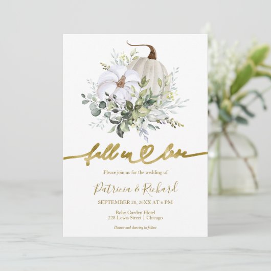Herfst In Love Greenery Pompoen Fall Wedding Kaart (Staand voorkant)