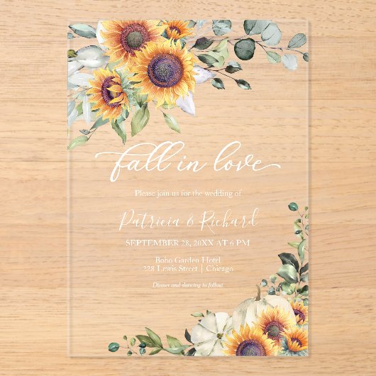 Herfst In Love Greenery Zonnebloemen bruiloft Acryl Uitnodigingen (Voorkant)