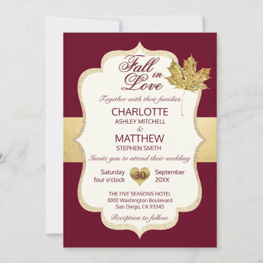 HERFST in LOVE herfst Burgundy Gold Leaf Wedding Kaart (Voorkant)