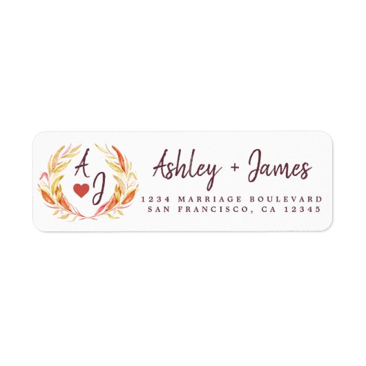 Herfst in Love Monogram Wedding Return Address Etiket (Voorkant)